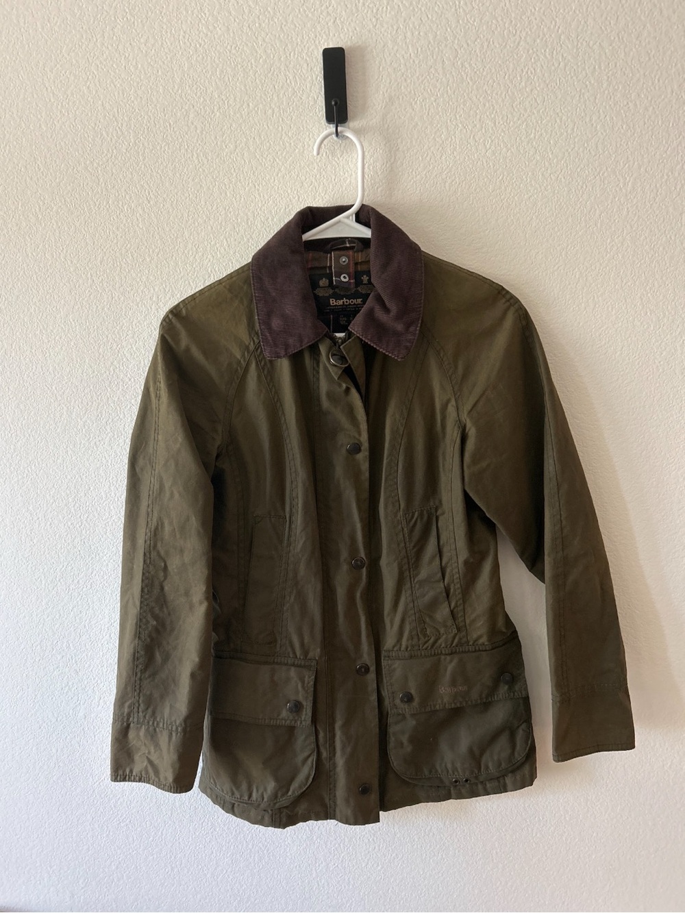 Barbour Olive Green Utility Jacket with Brown Cord Collar